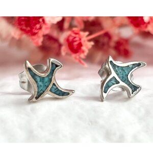 Turquoise Chip Inlay Dove in Flight SW Style Stud Sterling Silver Earrings